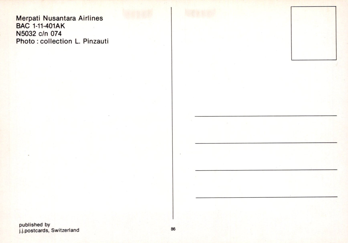 Back of a postcard with Merpati Nusantara Airlines information and a blank space for text.