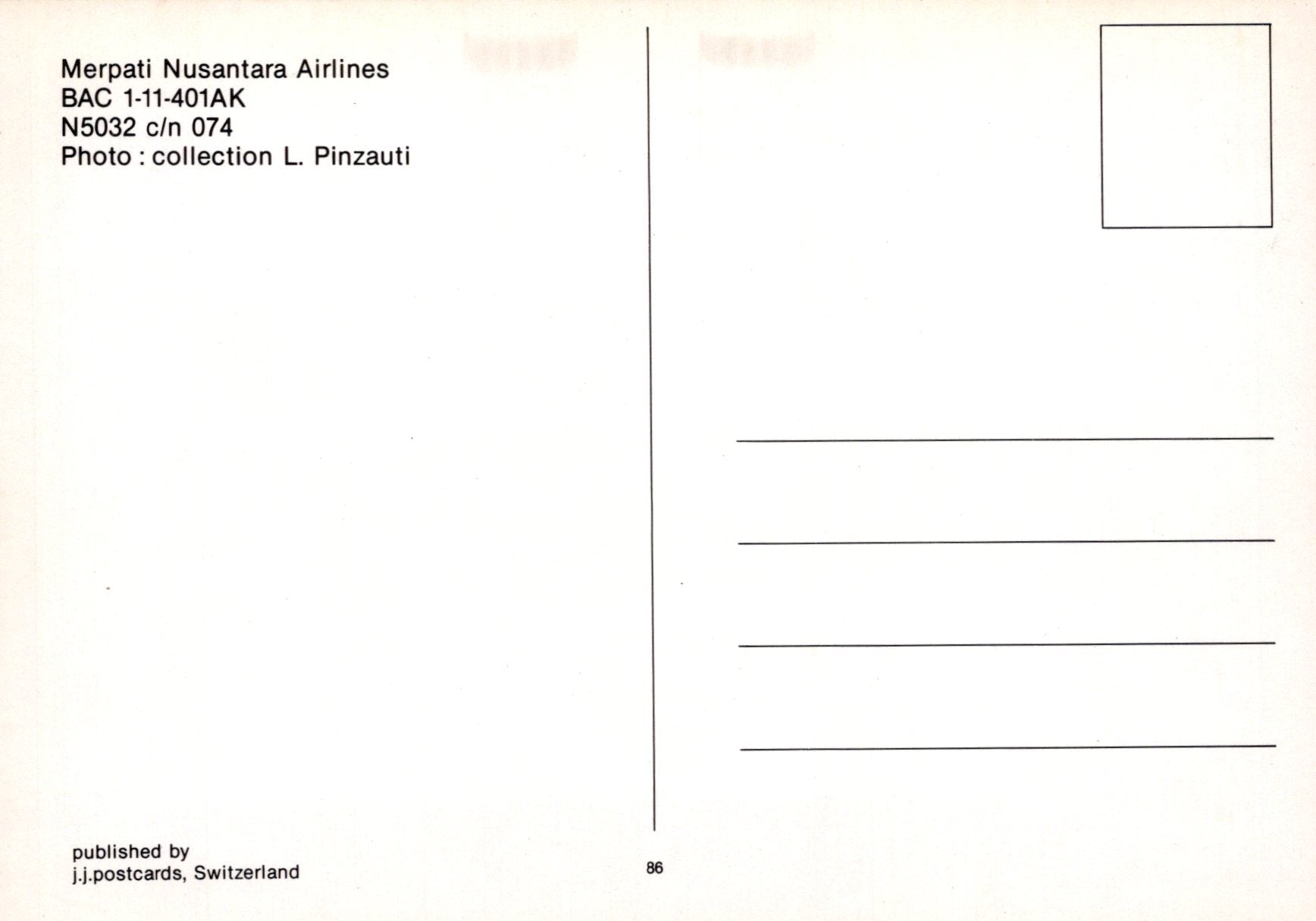 Back of a postcard with Merpati Nusantara Airlines information and a blank space for text.