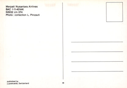 Back of a postcard with Merpati Nusantara Airlines information and a blank space for text.