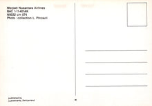 Load image into Gallery viewer, Back of a postcard with Merpati Nusantara Airlines information and a blank space for text.
