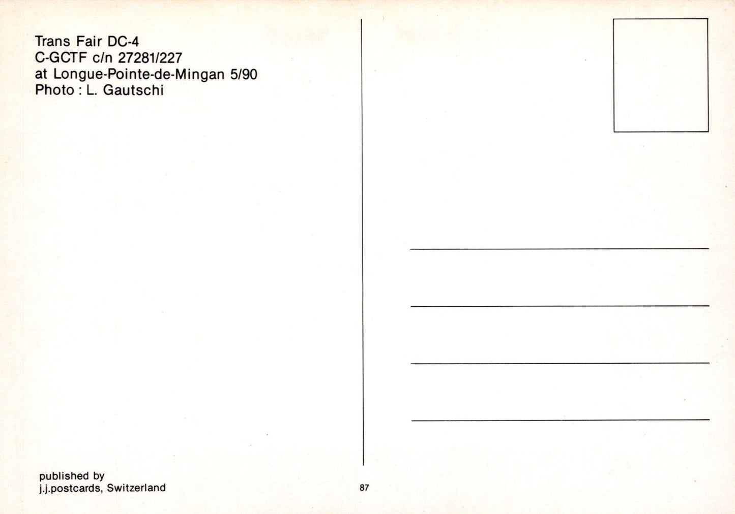 Back of a postcard with text and a small square area for a photo, featuring a light beige background.