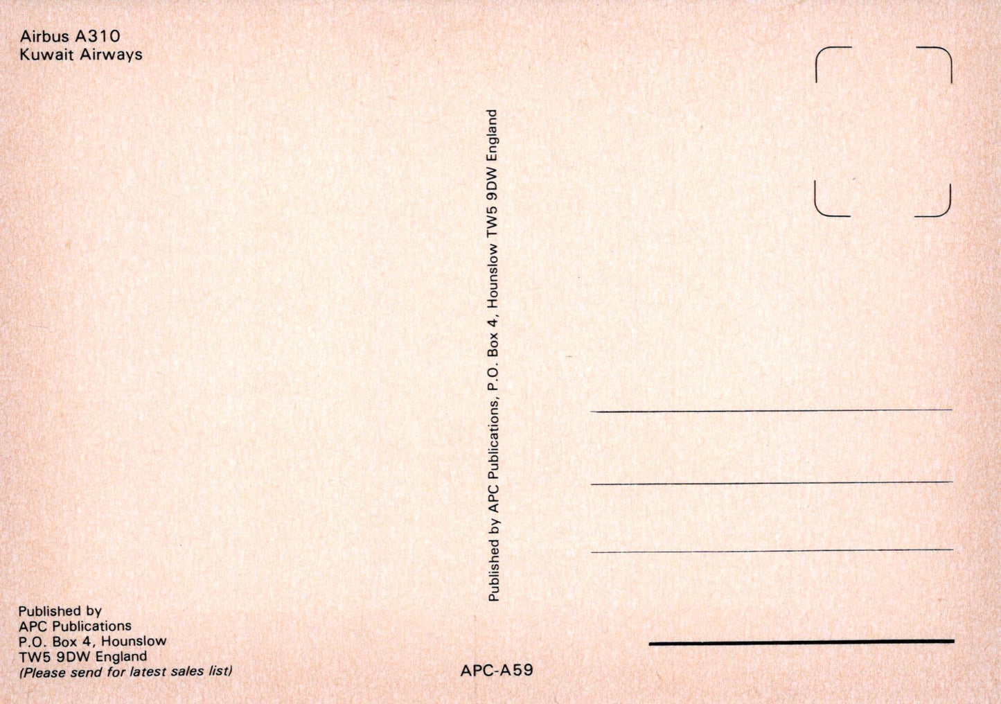 Back of a postcard with text related to Airbus A310 and Kuwait Airways on a pink background.