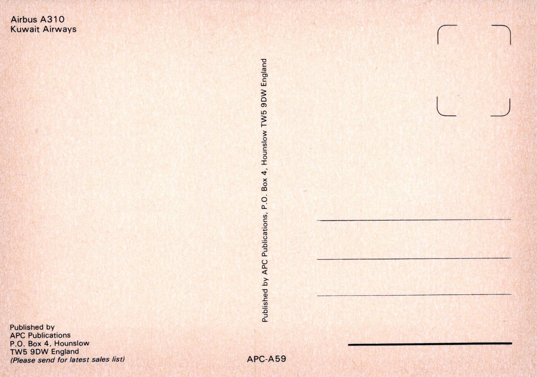 Back of a postcard with text related to Airbus A310 and Kuwait Airways on a pink background.