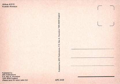 Back of a postcard with text related to Airbus A310 and Kuwait Airways on a pink background.