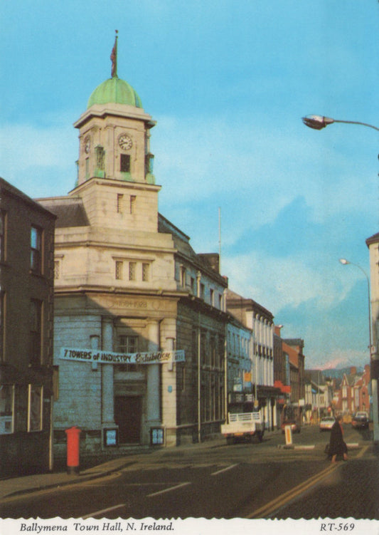 Ballymena Town Hall in Northern Ireland with a clear blue sky.