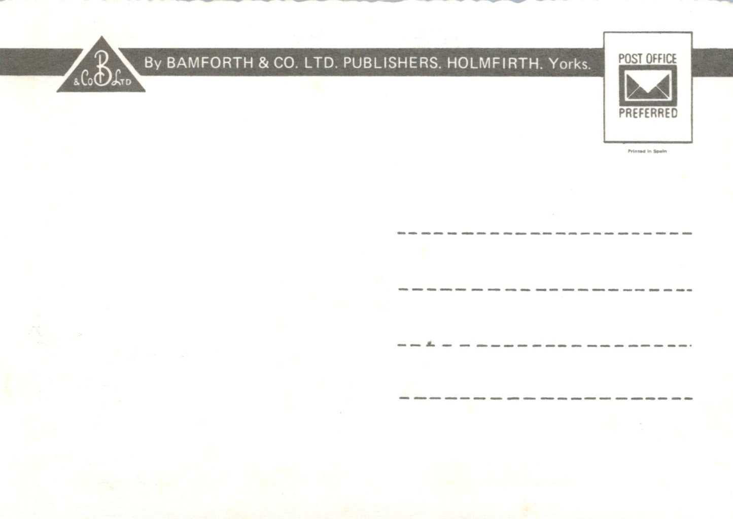Back of a postcard with Bamforth & Co. Ltd. branding and address information.