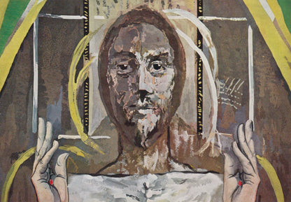 Abstract artwork with a central figure and geometric shapes