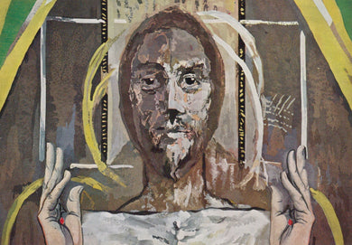 Abstract artwork with a central figure and geometric shapes