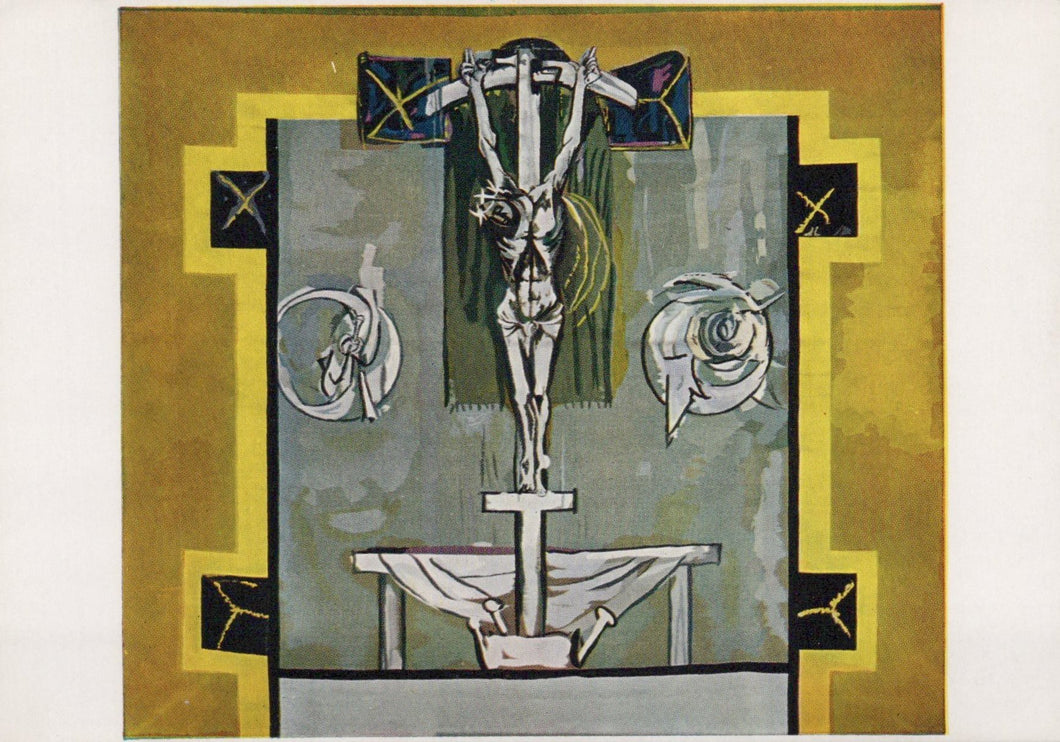 Artistic depiction of a crucifixion scene with geometric patterns and abstract elements.
