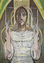 Load image into Gallery viewer, Artistic depiction of a figure with a halo, holding a cross, against a textured background.

