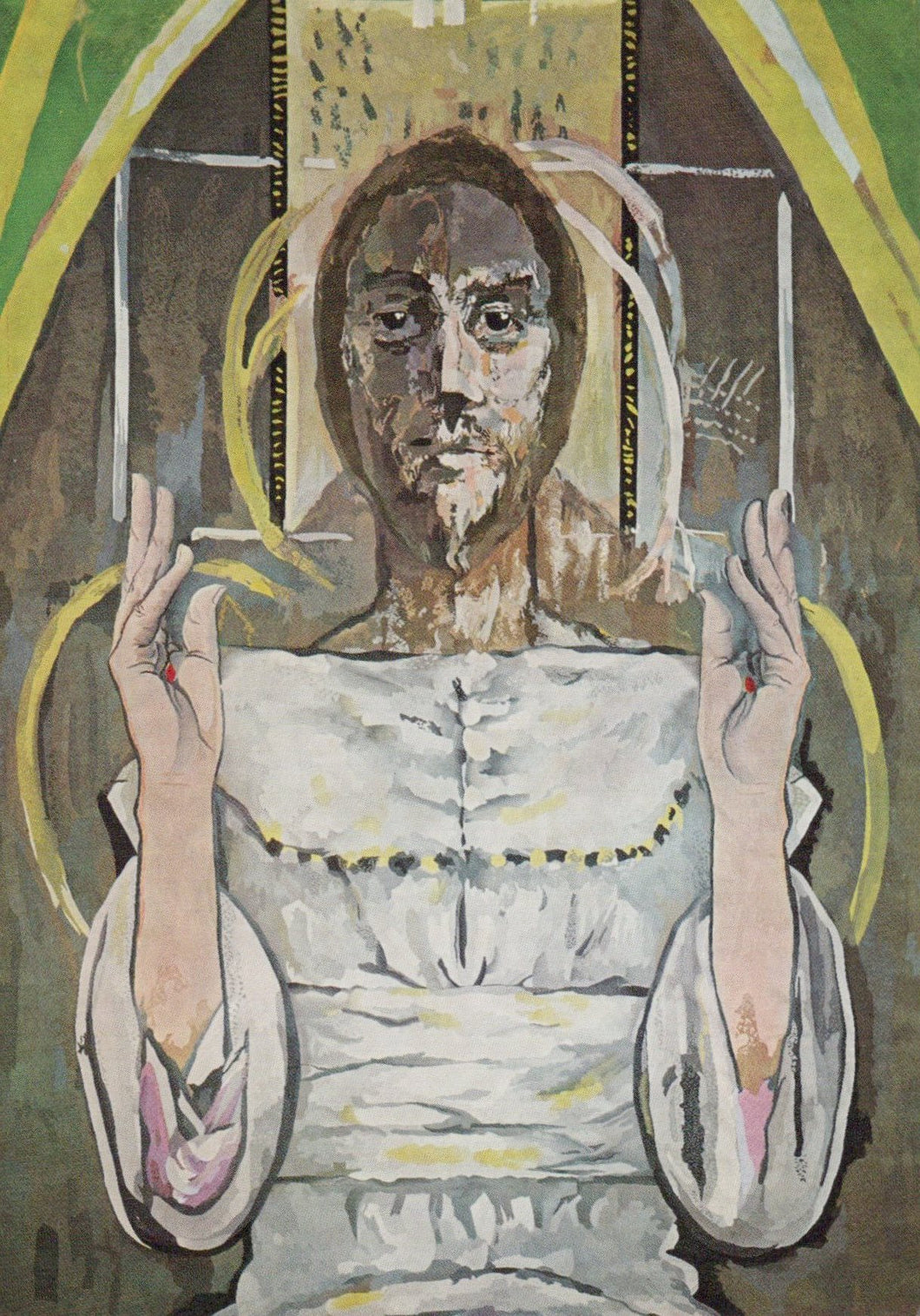 Artistic depiction of a figure with a halo, holding a cross, against a textured background.