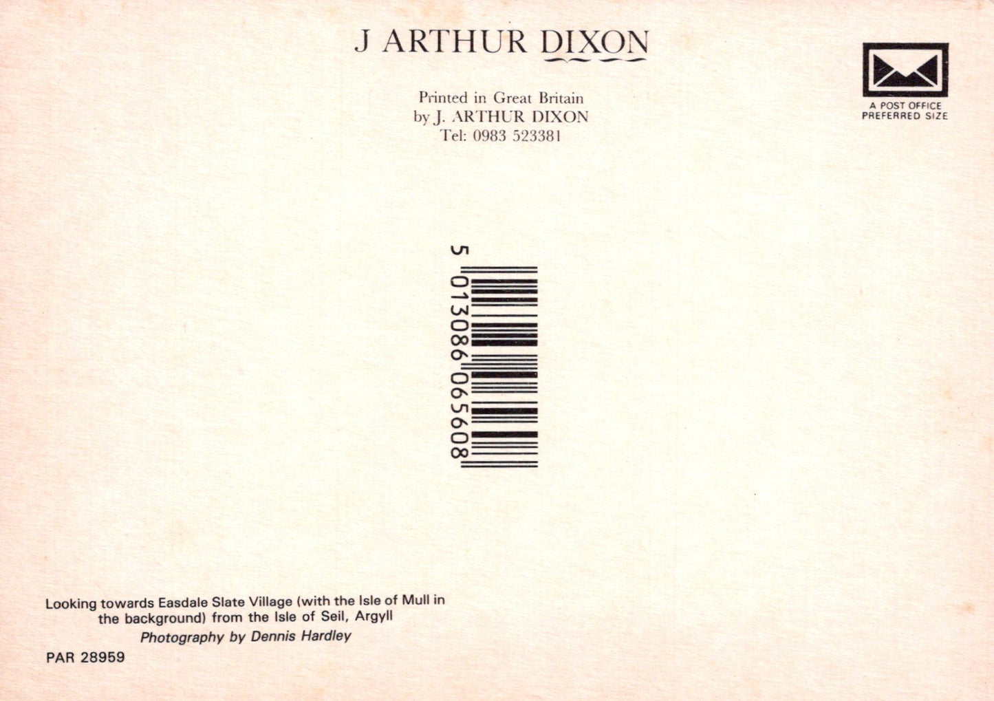 Back of a book or product packaging with J Arthur Dixon branding and a barcode.