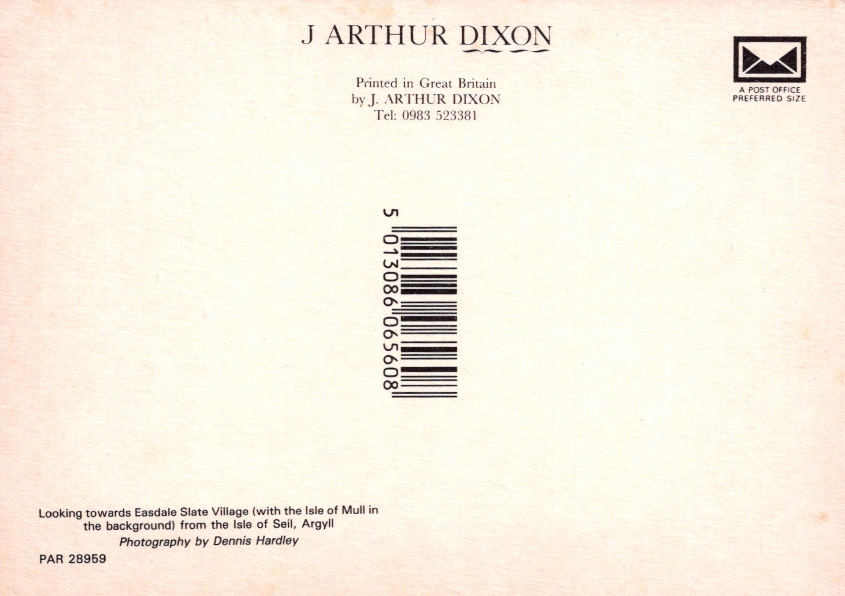 Back of a book or product packaging with J Arthur Dixon branding and a barcode.