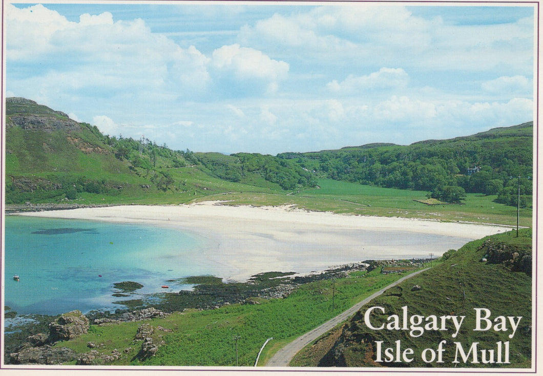 Scenic view of Calgary Bay on the Isle of Mull with a road leading to the beach.