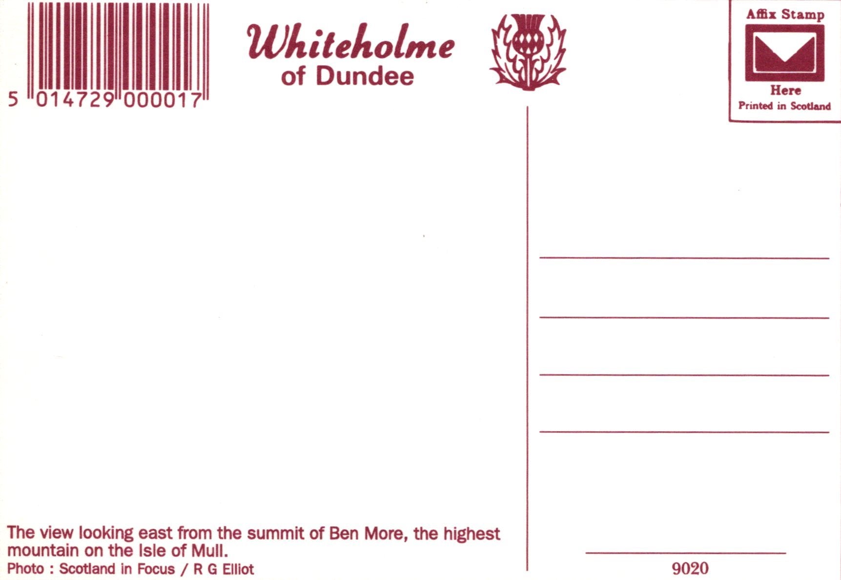 Back of a postcard from Whiteholme of Dundee with text and a barcode.