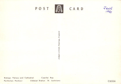 Vintage postcard with text and a logo on a white background