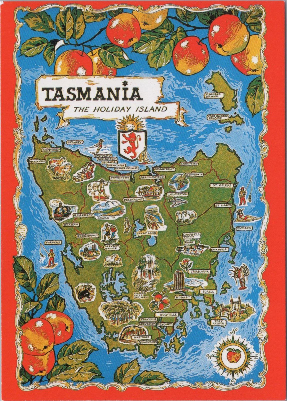 Maps Postcard - Map of Tasmania, The Holiday Island, Australia  RR23480
