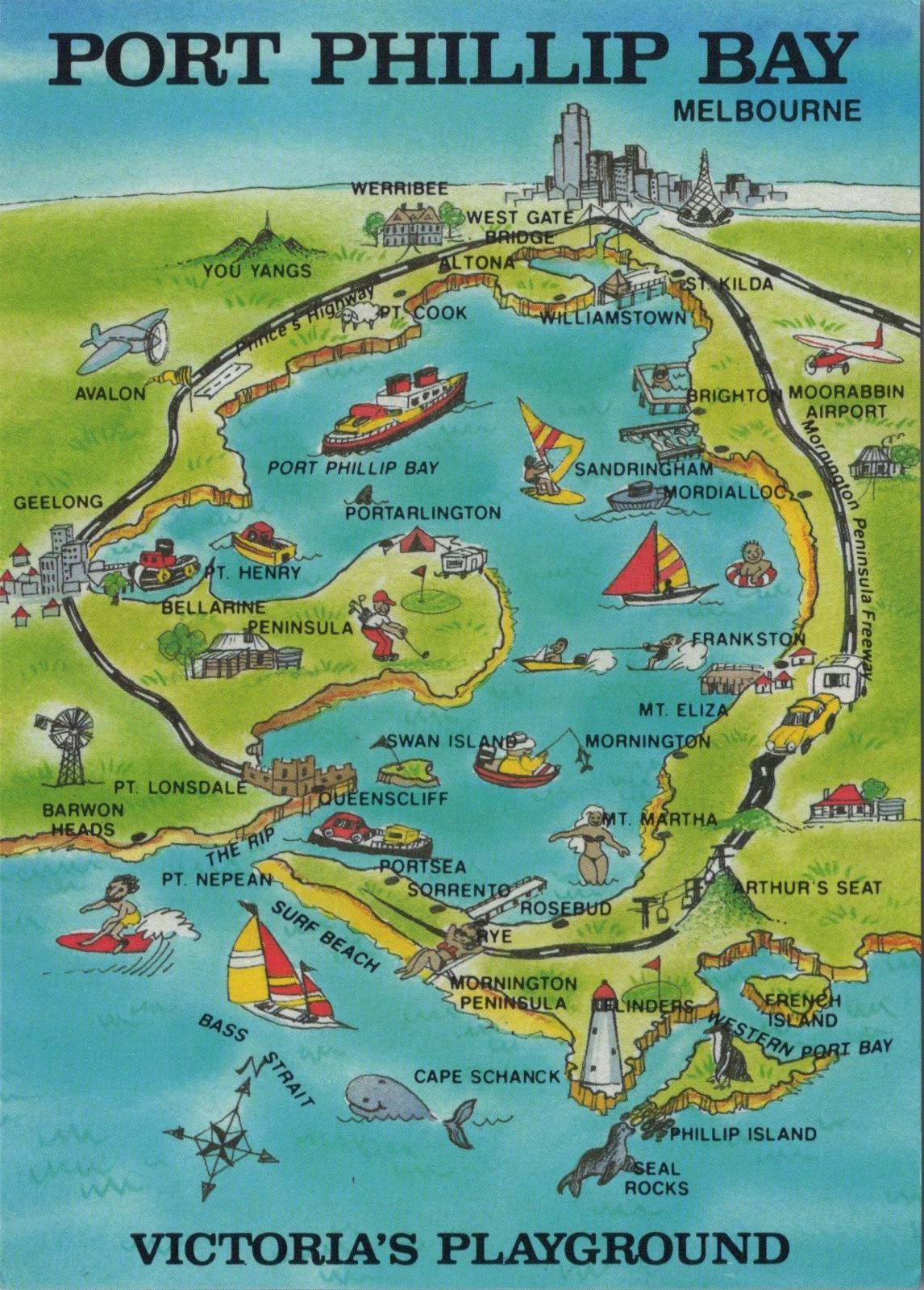 Maps Postcard - Map of Port Phillip Bay, Melbourne, Australia  RR23508