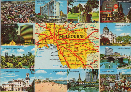 Maps Postcard - Map and Views of Melbourne, Australia   RR23532