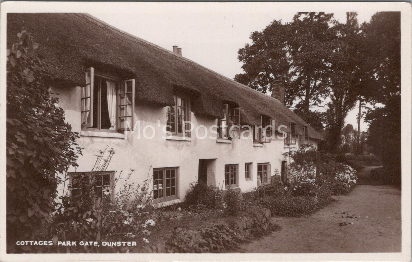 Somerset Postcard: Cottages Park Gate, Dunster  RPPC, Thatched Cottages G705