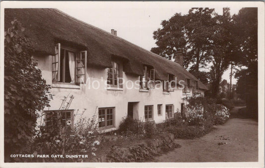 Somerset Postcard: Cottages Park Gate, Dunster  RPPC, Thatched Cottages G705