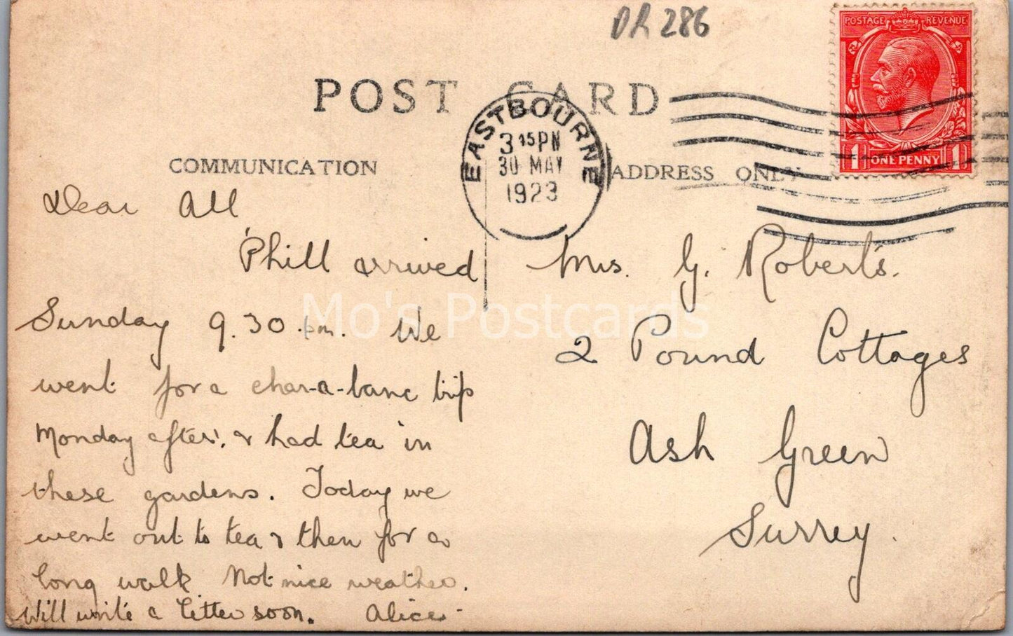 Sussex Postcard: Thornwell Tea Gardens Wilmington Eastbourne Posted 1923 - DR286