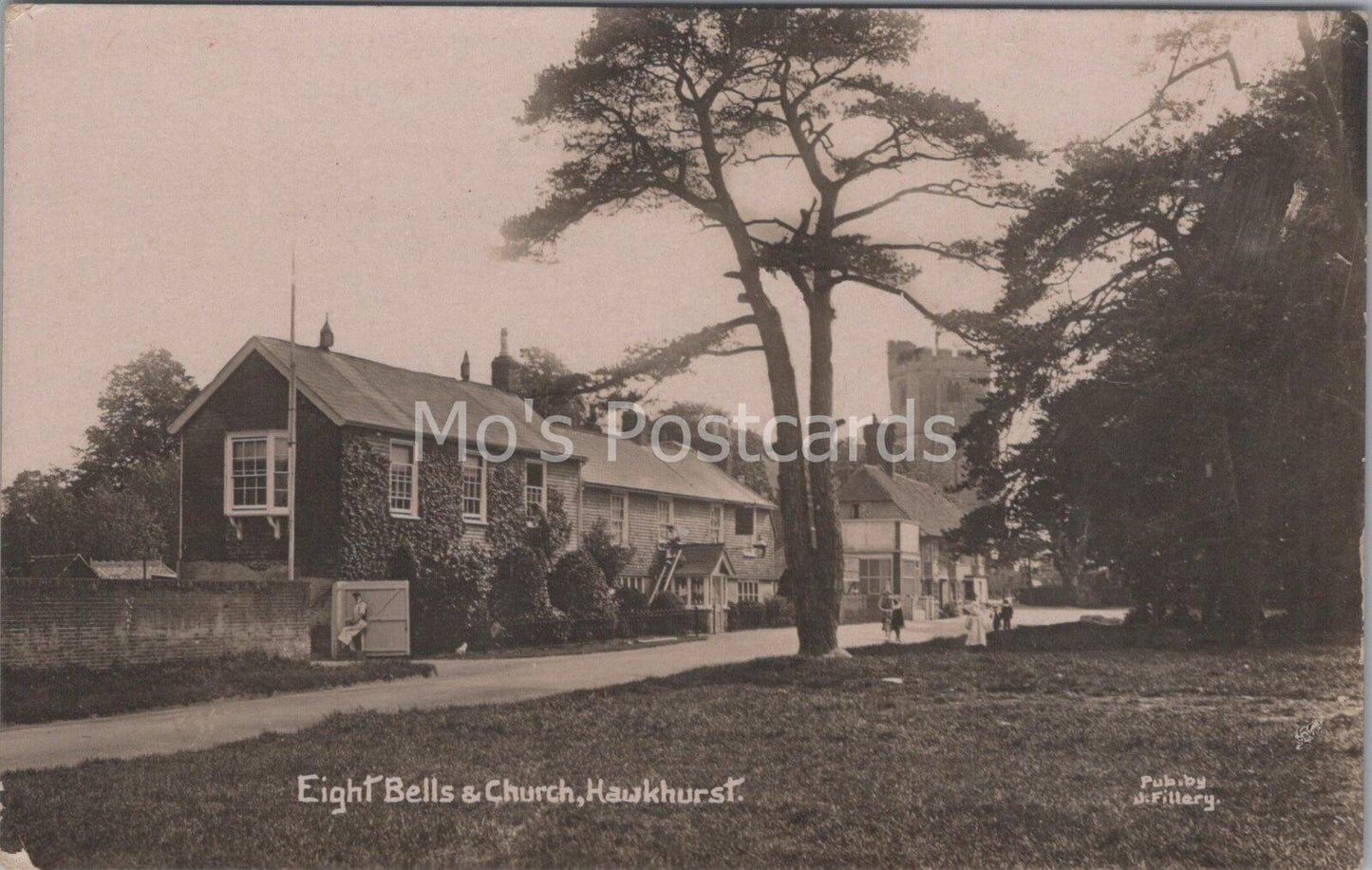 Kent Postcard: Eight Bells Inn & St Laurence Church, Hawkhurst 1920s, RPPC MB513