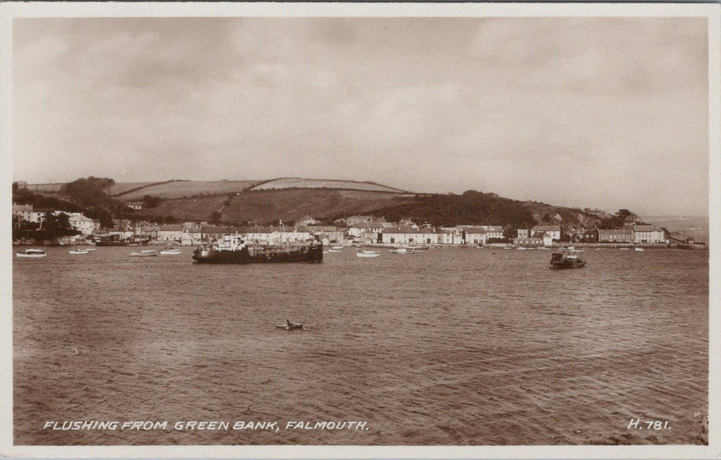 Cornwall Postcard: Falmouth Flushing from Green Bank, Ships RPPC XT2525