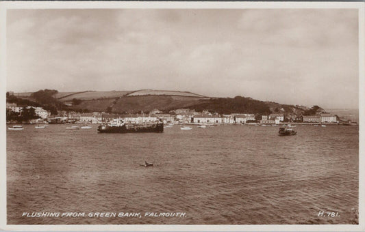 Cornwall Postcard: Falmouth Flushing from Green Bank, Ships RPPC XT2525