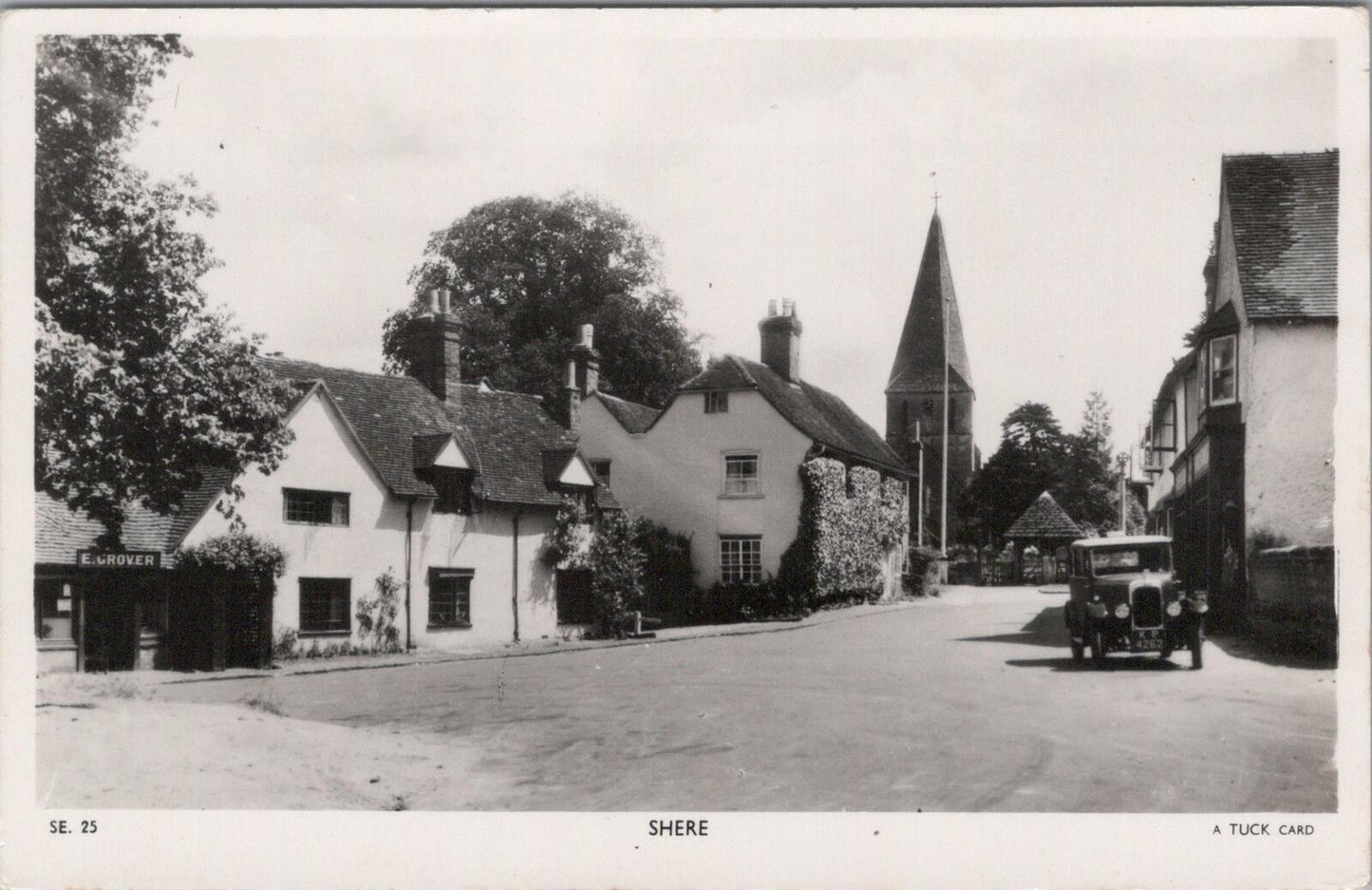 Surrey Postcard: Shere Village, St James Church, Old Car, RPPC XT2557