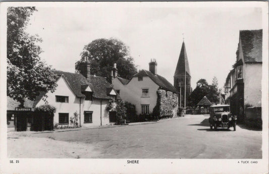 Surrey Postcard: Shere Village, St James Church, Old Car, RPPC XT2557