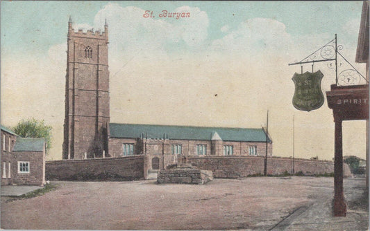 Cornwall Postcard: St Buryan Church, Village Inn Square 1910’s XT2567