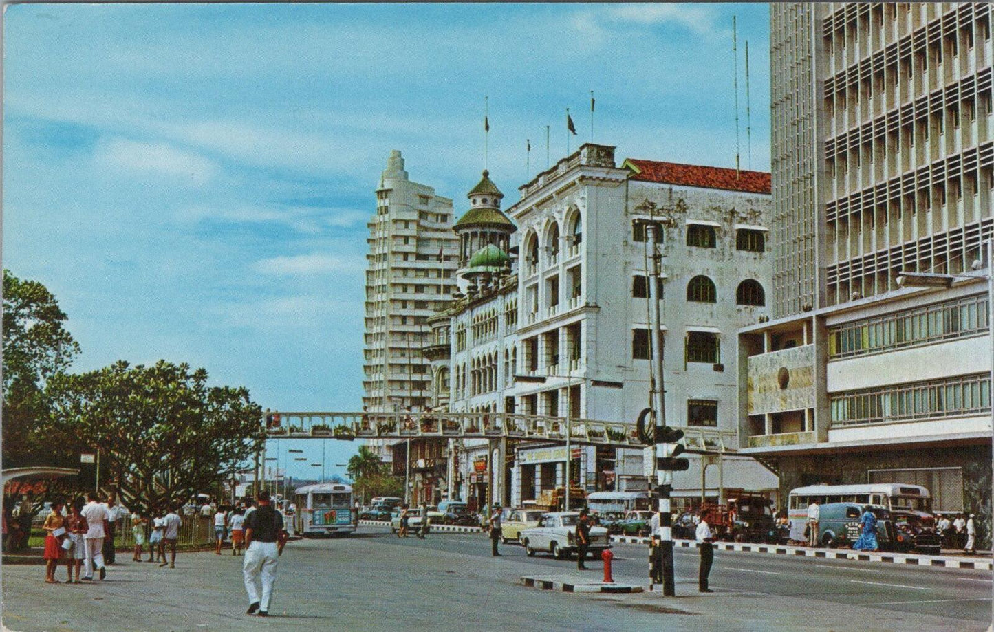 Singapore Postcard: Collyer Quay Street View Overhead Bridge 1970s Chrome XT2599