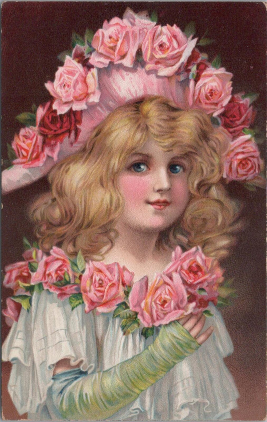 Children Postcard: Victorian Girl Large Pink Rose Bonnet Floral Art 1900s XT2609