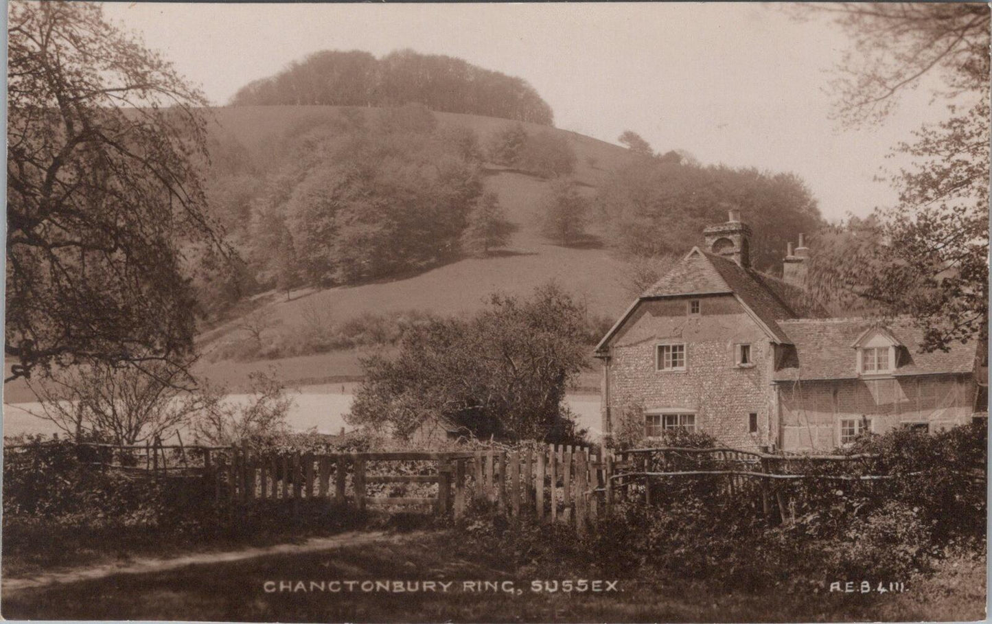 Sussex Postcard: Chanctonbury Ring Hill Fort & Cottage RPPC 1920s Banks XT2612