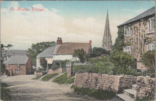 Cornwall Postcard: St Minver Village Thatched Cottage Church Spire XT2634