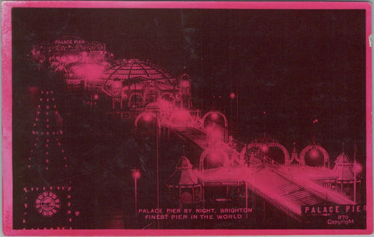 Sussex Postcard: Palace Pier By Night Brighton 1928 Postmark RPPC XT2642
