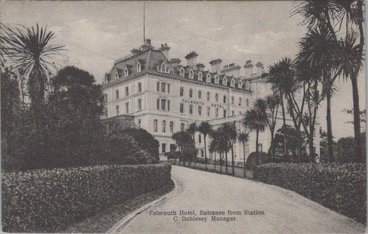 Cornwall Postcard: Falmouth Hotel Station Entrance Driveway Palms  XT2647