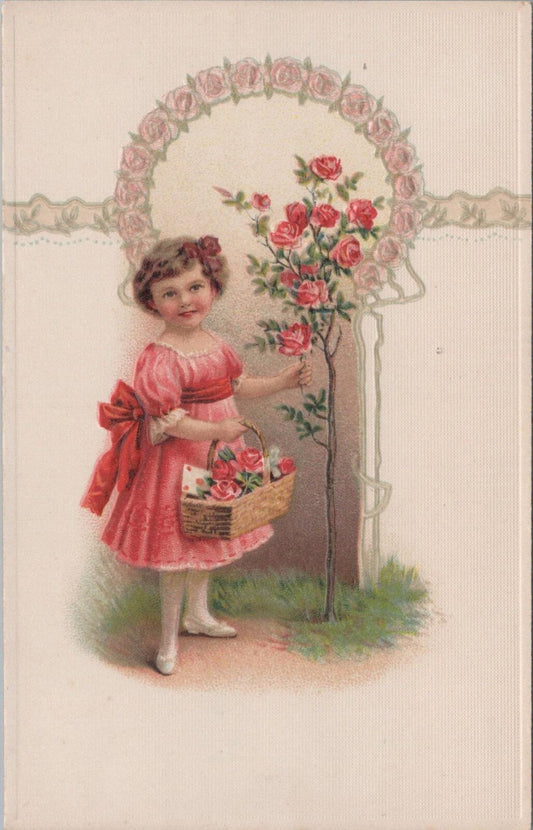 Children Postcard: Young Girl Pink Dress Rose Flower Basket Embossed  XT2667
