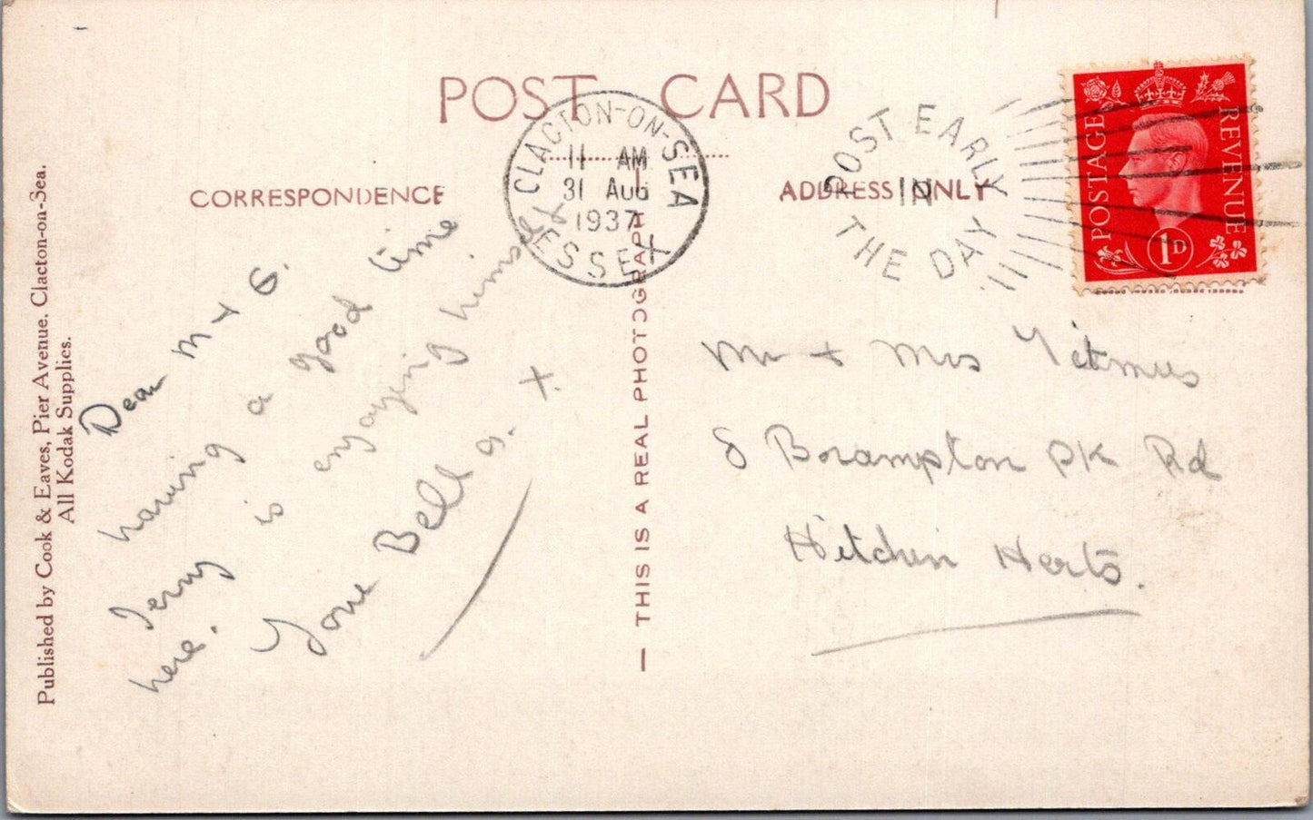 Essex Postcard: Clacton On Sea Grosvenor Court Hotel Anglefield 1937 - XT2691