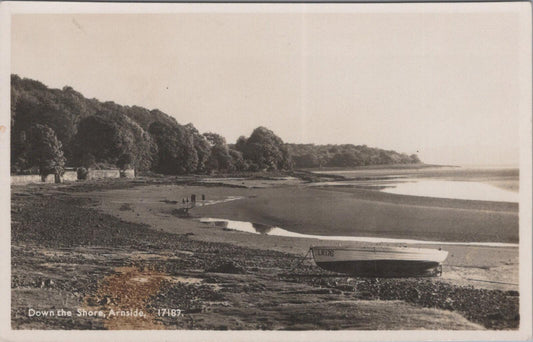 Cumbria Postcard: Arnside Down The Shore Kent Estuary Boat 1930s RPPC XT2915