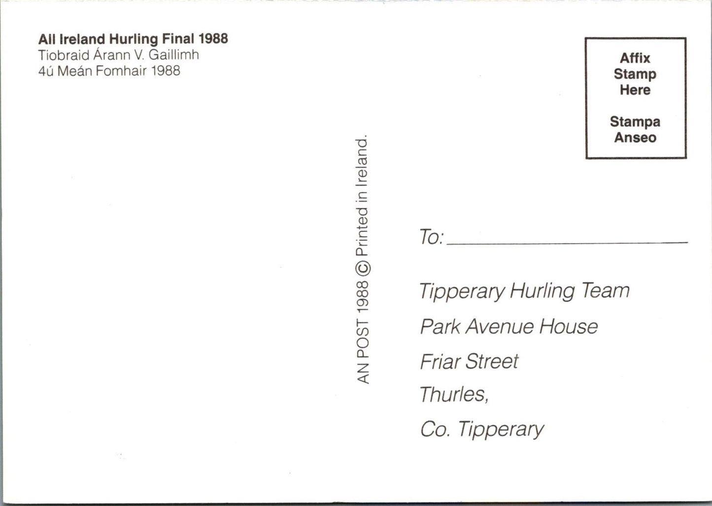 Sports Postcard-All Ireland Hurling Final 1988,Tiobraid Arann v Gaillimh RR23561