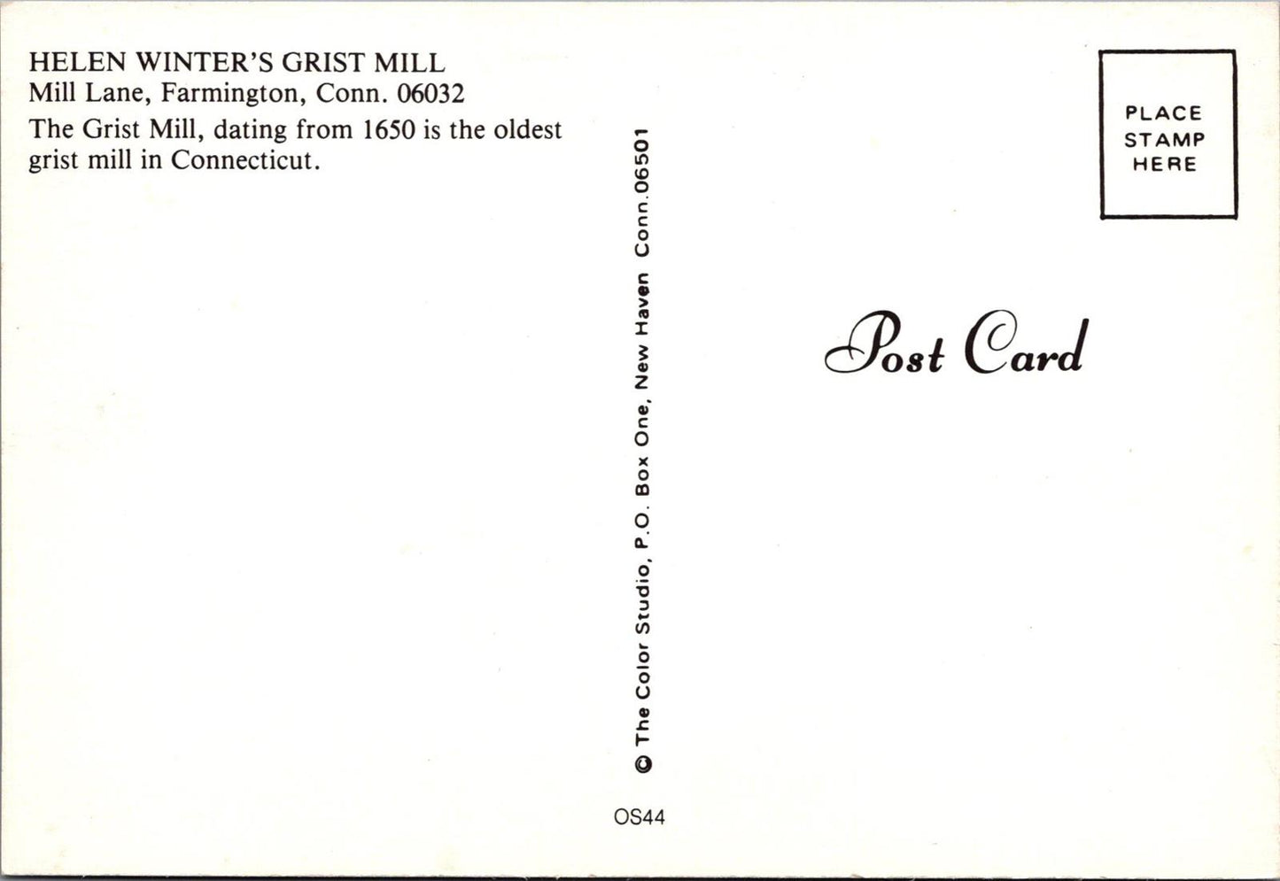 America Postcard - Helen Winter's Grist Mill, Farmington, Connecticut RR23594