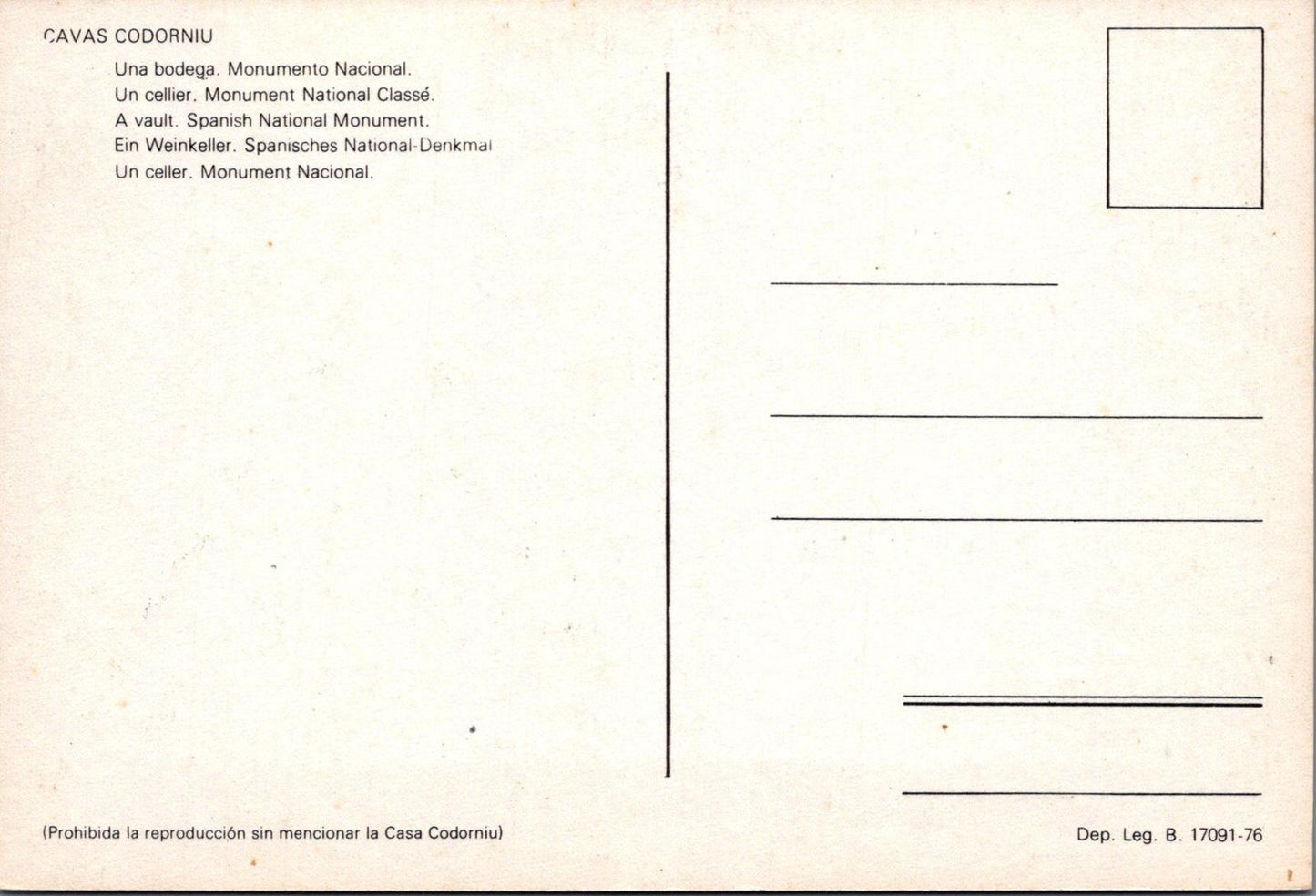 Food & Drink Postcard - Cavas Codorníu, Cava, Spanish Sparkling Wine RR23599
