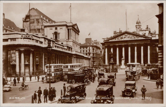 London Postcard: Bank of England Royal Exchange Double Decker Buses 1930s XT3016