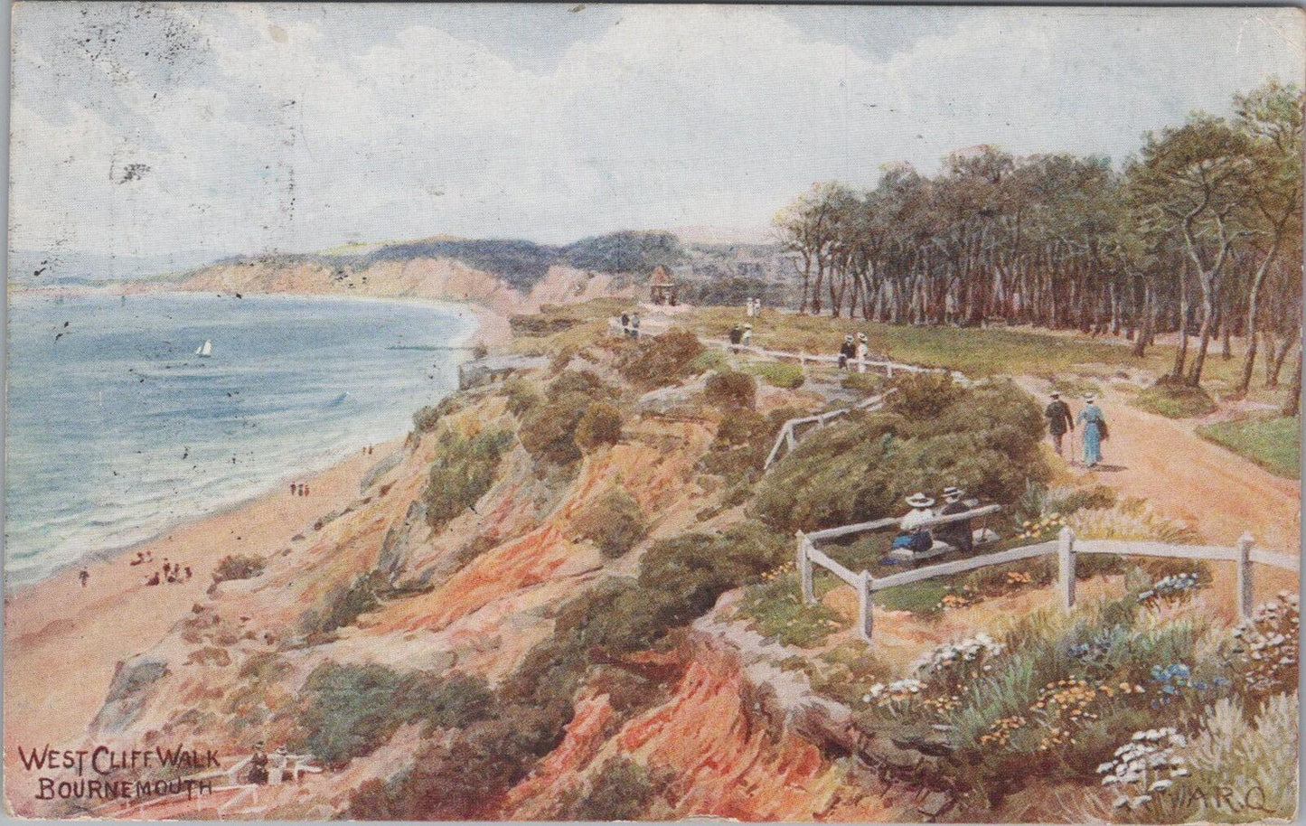 Dorset Postcard: West Cliff Walk Bournemouth Artist A R Quinton 1915 XT3041