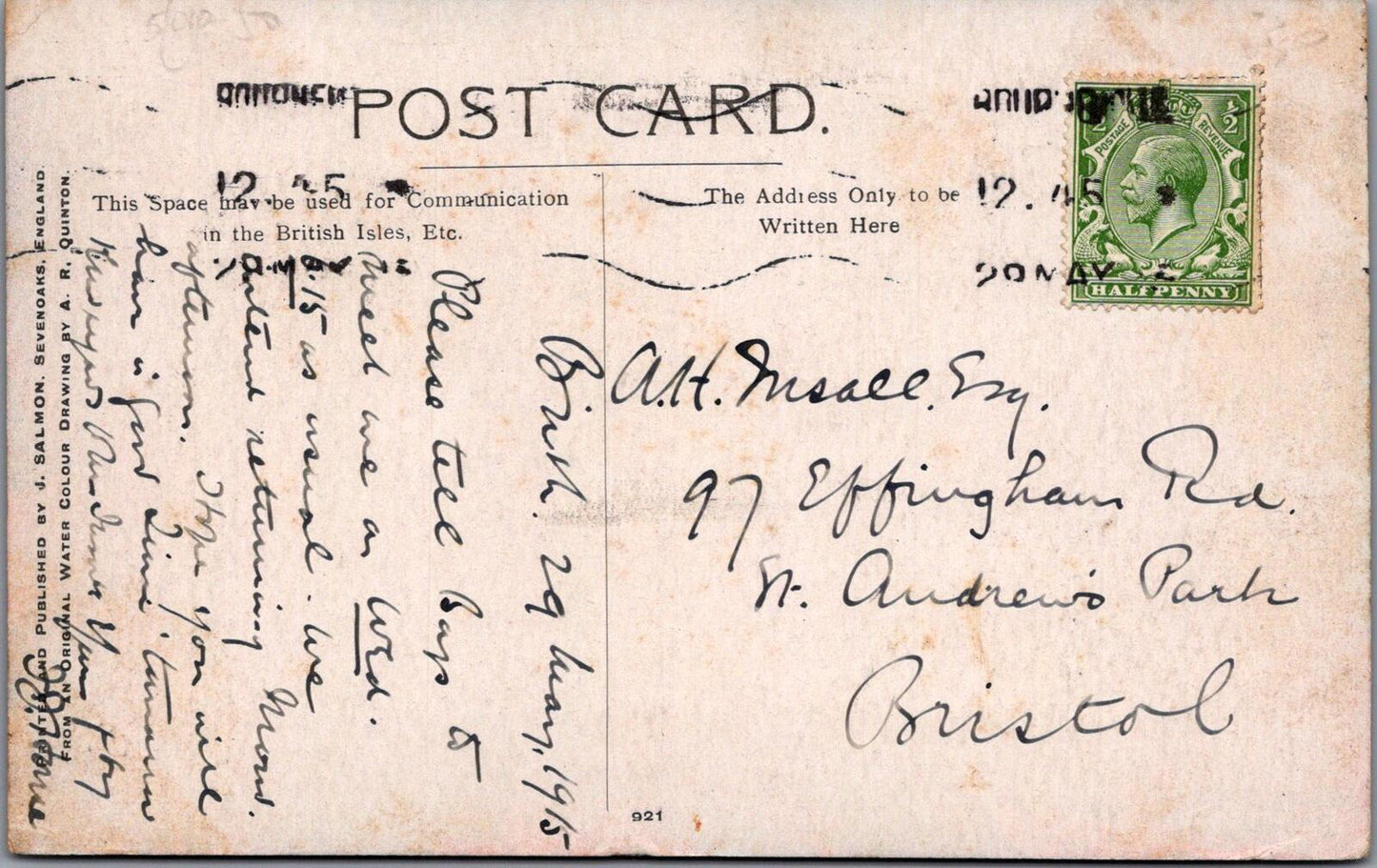 Dorset Postcard: West Cliff Walk Bournemouth Artist A R Quinton 1915 XT3041