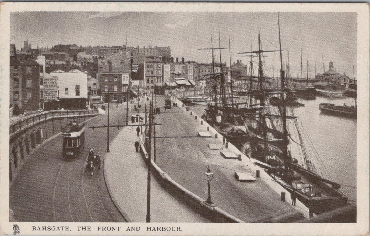 Kent Postcard: Ramsgate The Front and Harbour Electric Tram Sailing Ships XT3080