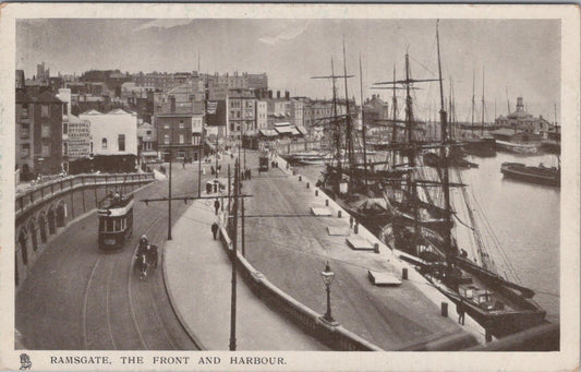 Kent Postcard: Ramsgate The Front and Harbour Electric Tram Sailing Ships XT3080