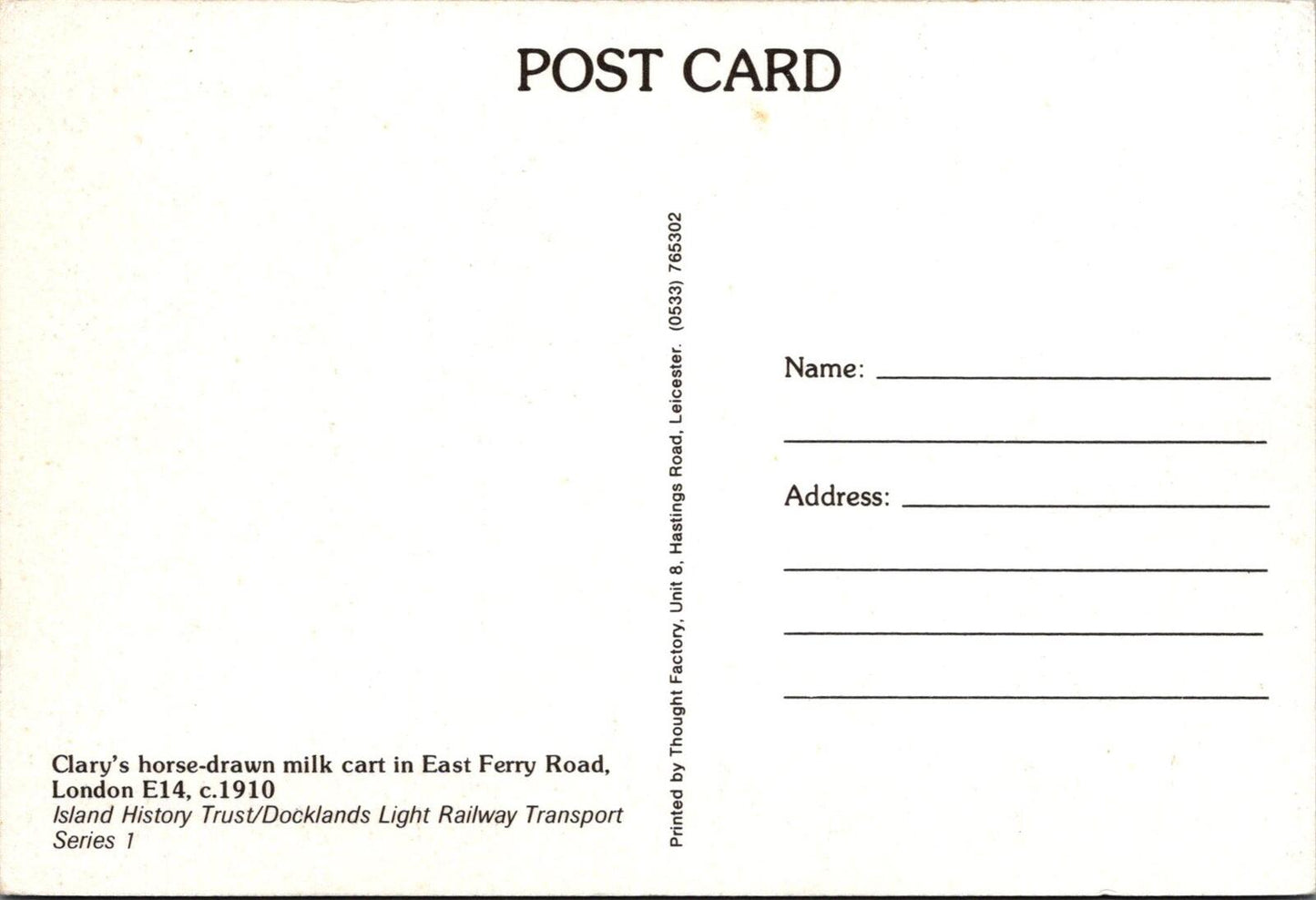 London Postcard: Clary Horse Drawn Milk Cart East Ferry Road (Repro) RR23714